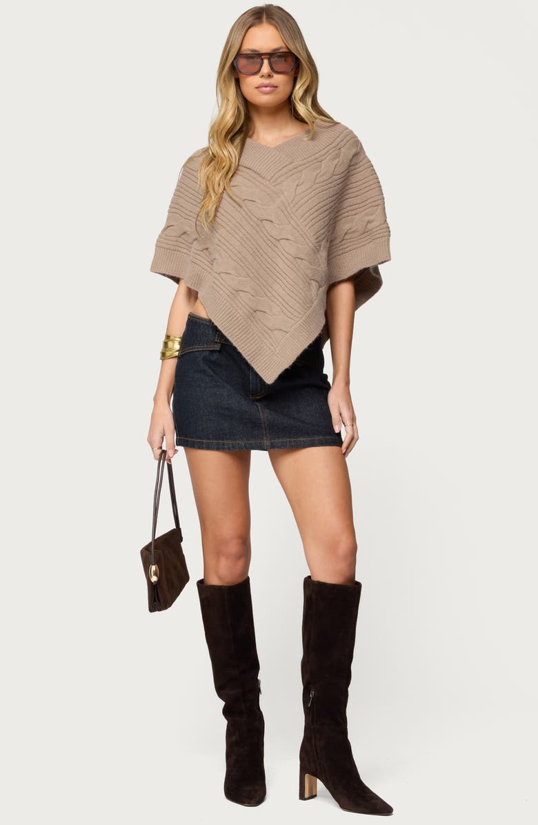 EDIKTED Vickey Cable Stitch One-Shoulder Poncho, Alternate, color, Brown