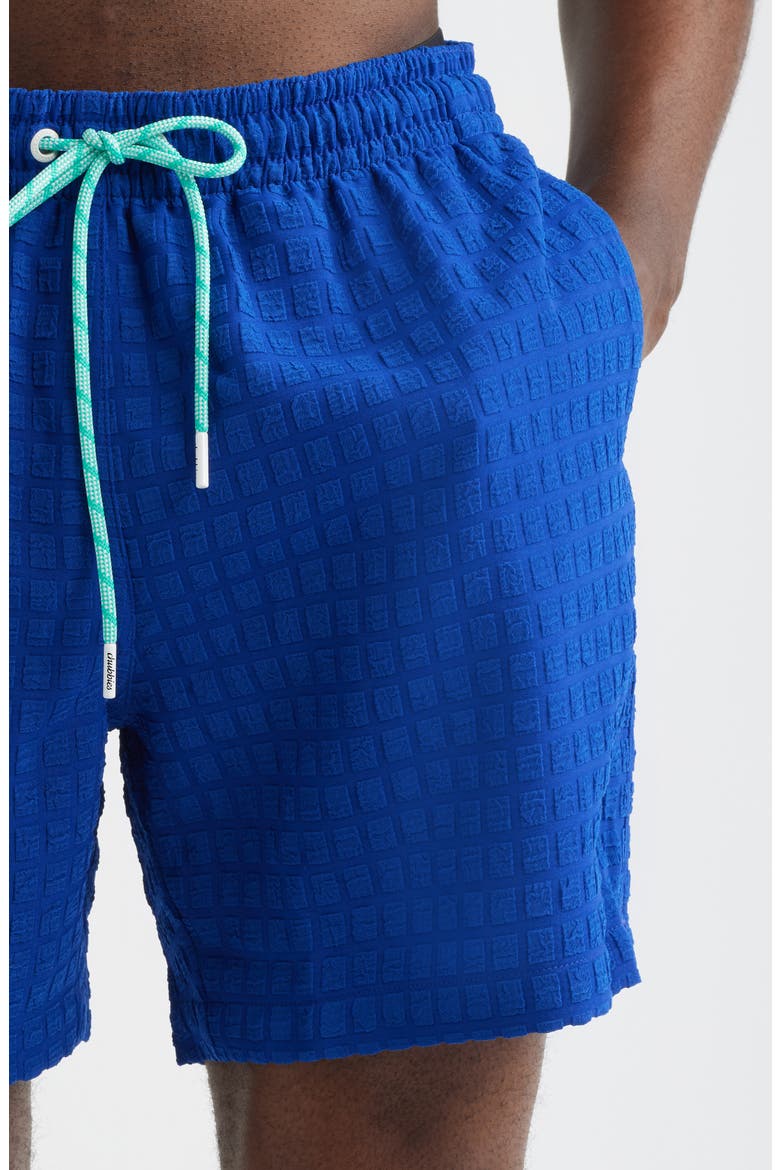 The Citrus Punches Grid Textured 5.5-Inch Swim Trunks, Alternate, color, DARK TEAL - PATTERN