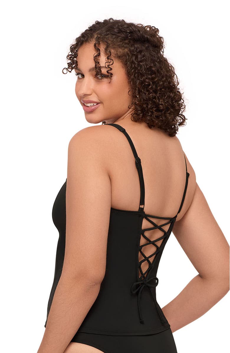 S3 Apparel Square Neck Lace Back Tankini Top, Alternate, color, Onyx Black