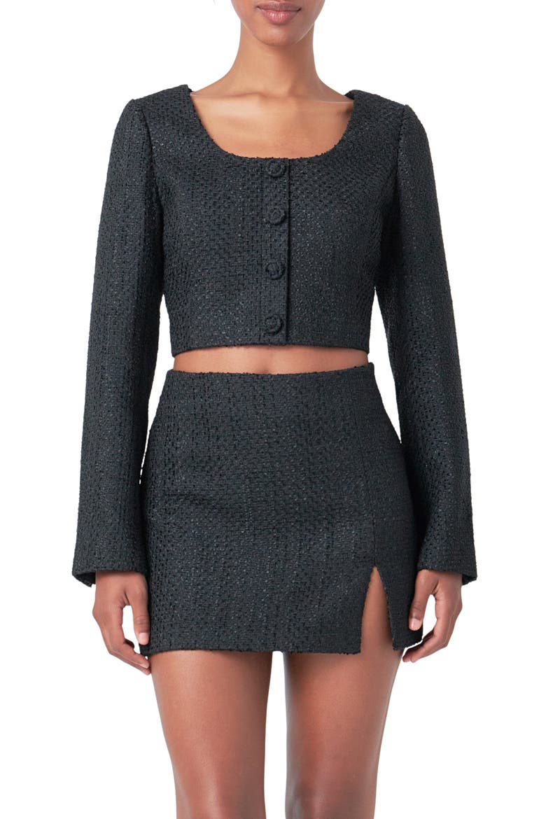 Long Sleeve Tweed Crop Top, Main, color, BLACK