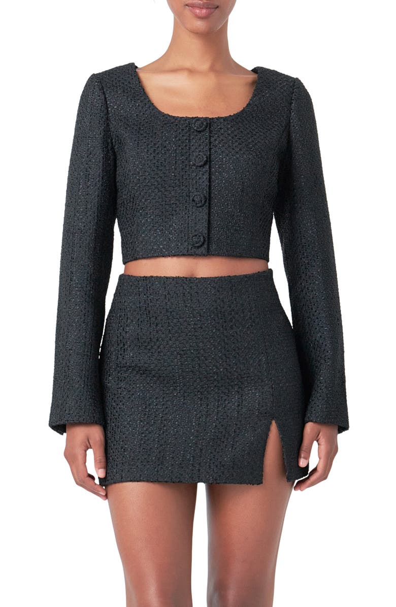 Endless Rose Long Sleeve Tweed Crop Top, Main, color, Black