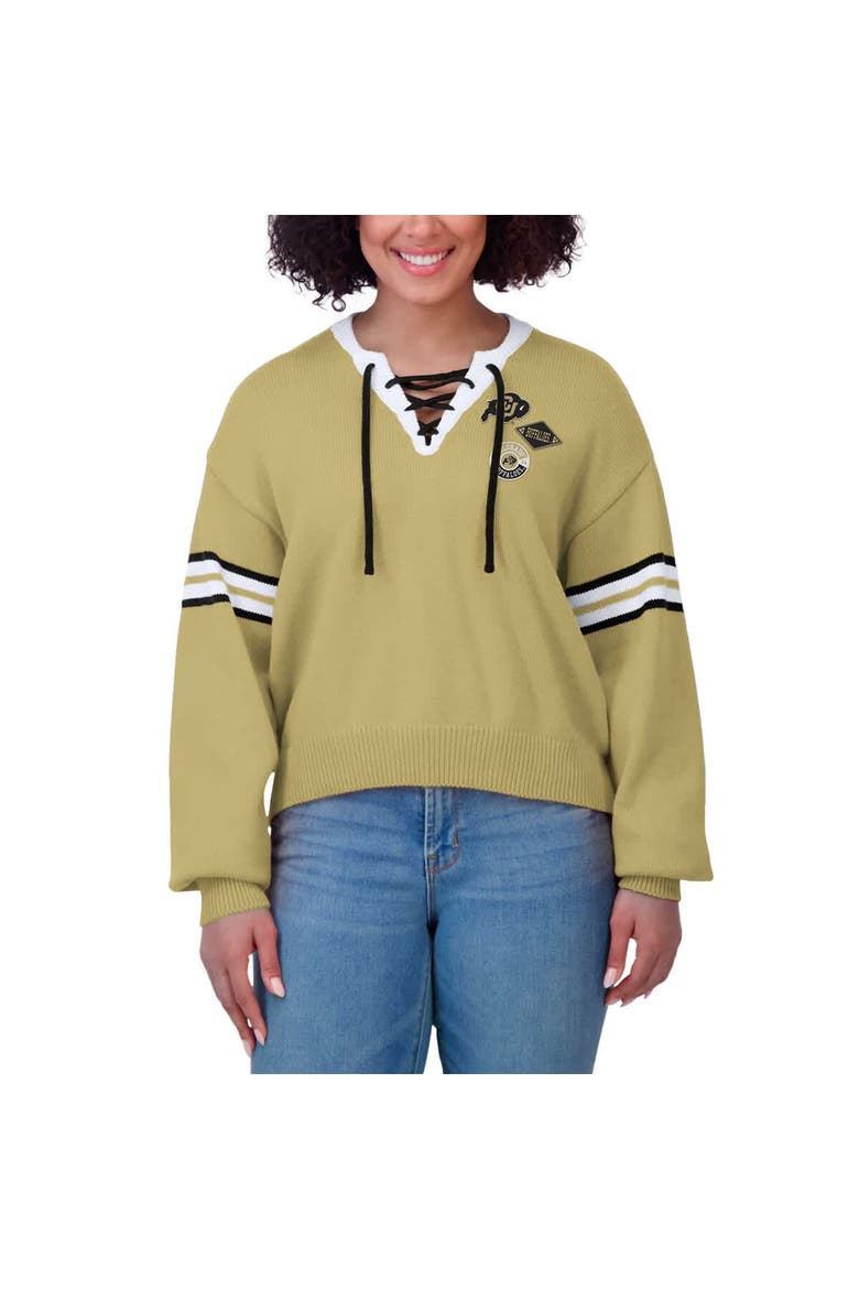 Women's WEAR by Erin Andrews Gold Colorado Buffaloes Lace-Up Pullover Sweater, Alternate, color, Gold