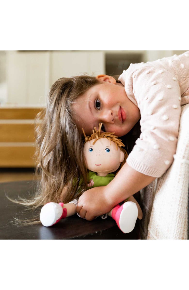 HABA 12" Soft Baby Doll Hedda with Brown Hair, Blue Eyes & Embroidered Face, Washable Toddler Doll for 18 Months+, Alternate, color, Green Multi