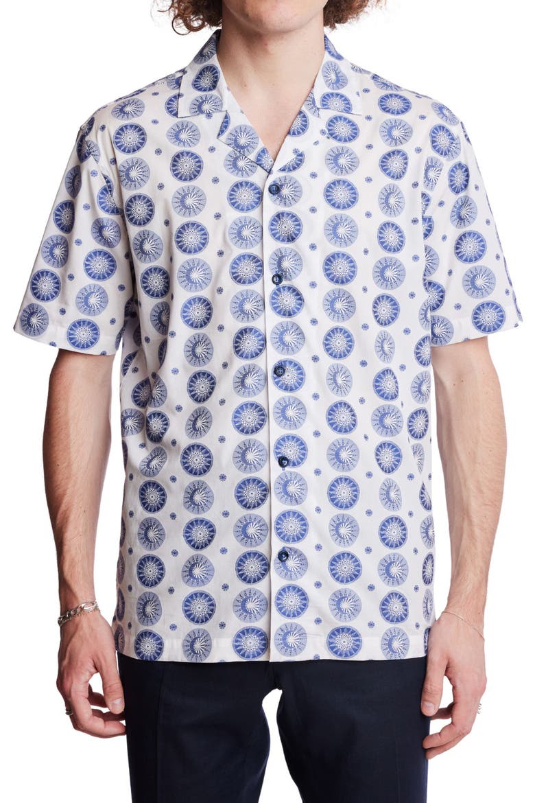 Stretch Cotton Camp Shirt, Main, color, WHITE BLUE SUN MOON JACQUARD