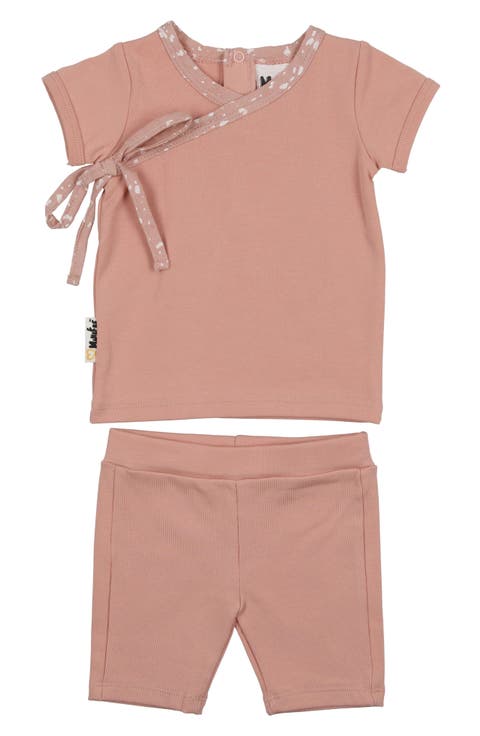 Speckle Trim Stretch Cotton Wrap Shirt & Shorts Set (Baby)