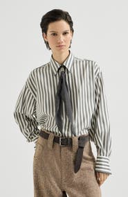 Brunello Cucinelli Striped silk poplin shirt with virgin wool foulard