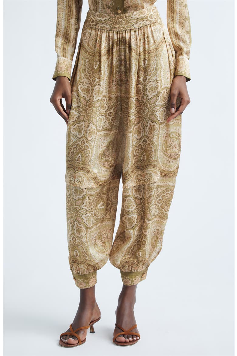 Kindred Spirit Luna Silk Satin Harem Pants, Main, color, OLIVE PERLA PAISLEY