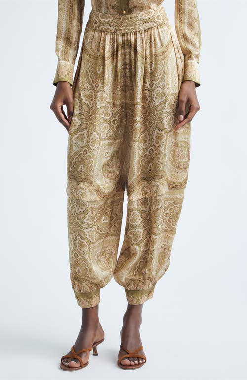 Zimmermann Kindred Spirit Luna Silk Satin Harem Pants in Olive Perla Paisley at Nordstrom, Size 0