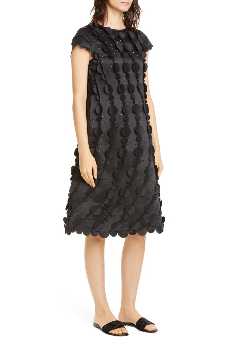 Laser Cut Circle Scalloped A-Line Dress, Main, color, BLACK