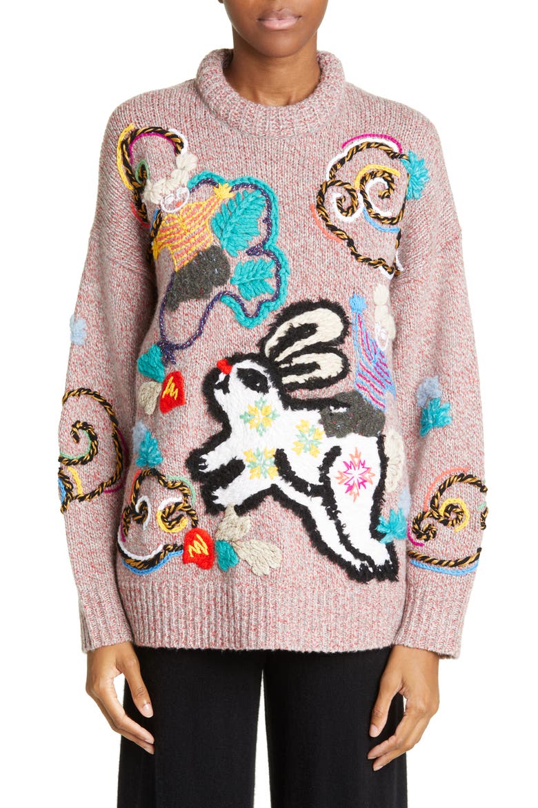 Lunar New Year 2023 Bunny Embroidered Wool Blend Sweater, Main, color, PINK MELANGE
