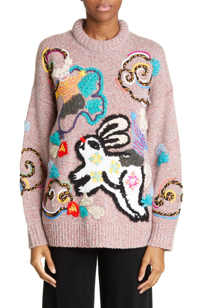 YanYan Lunar New Year 2023 Bunny Embroidered Wool Blend Sweater, Main, color,