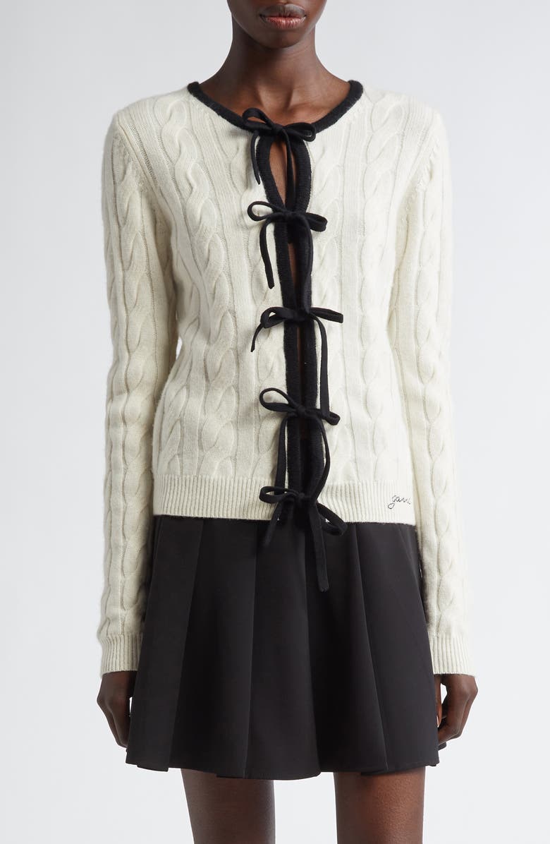 Ganni Tie Front Merino Wool & Cashmere Cable Sweater, Main, color, Egret