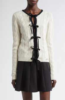 Ganni Tie Front Merino Wool & Cashmere Cable Sweater