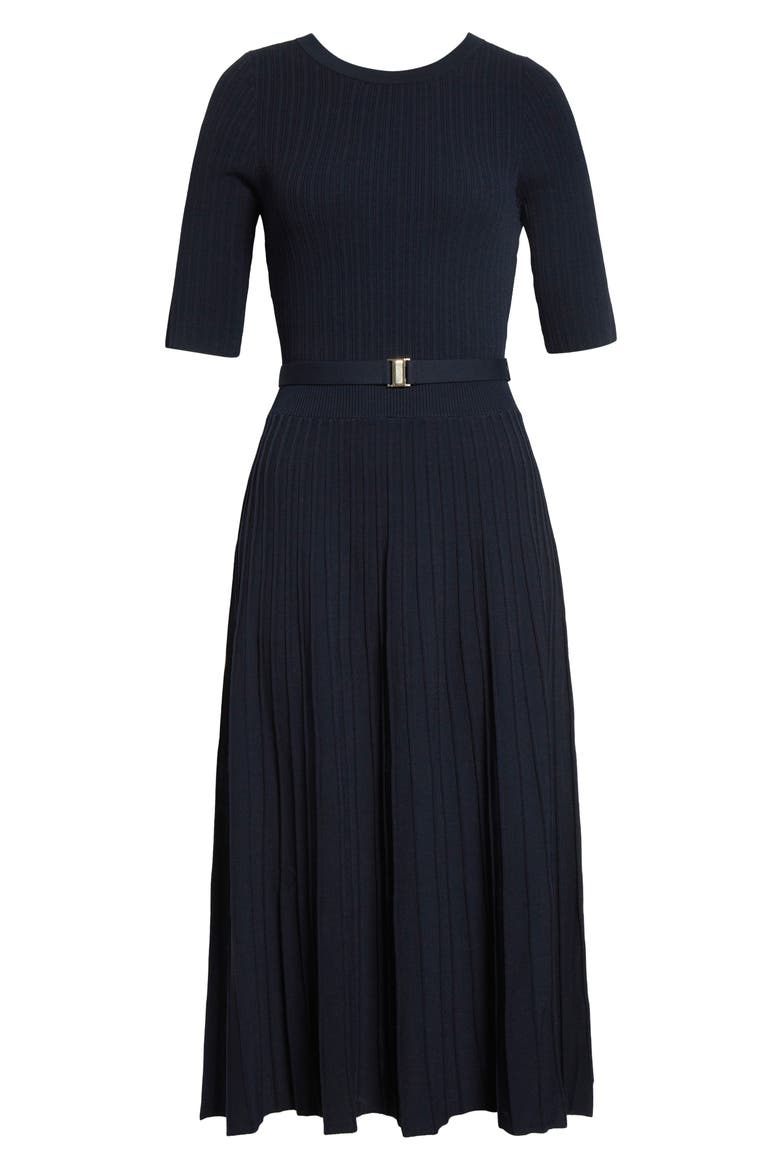 Elthea Belted Rib Knit Midi Dress, Alternate, color, NAVY