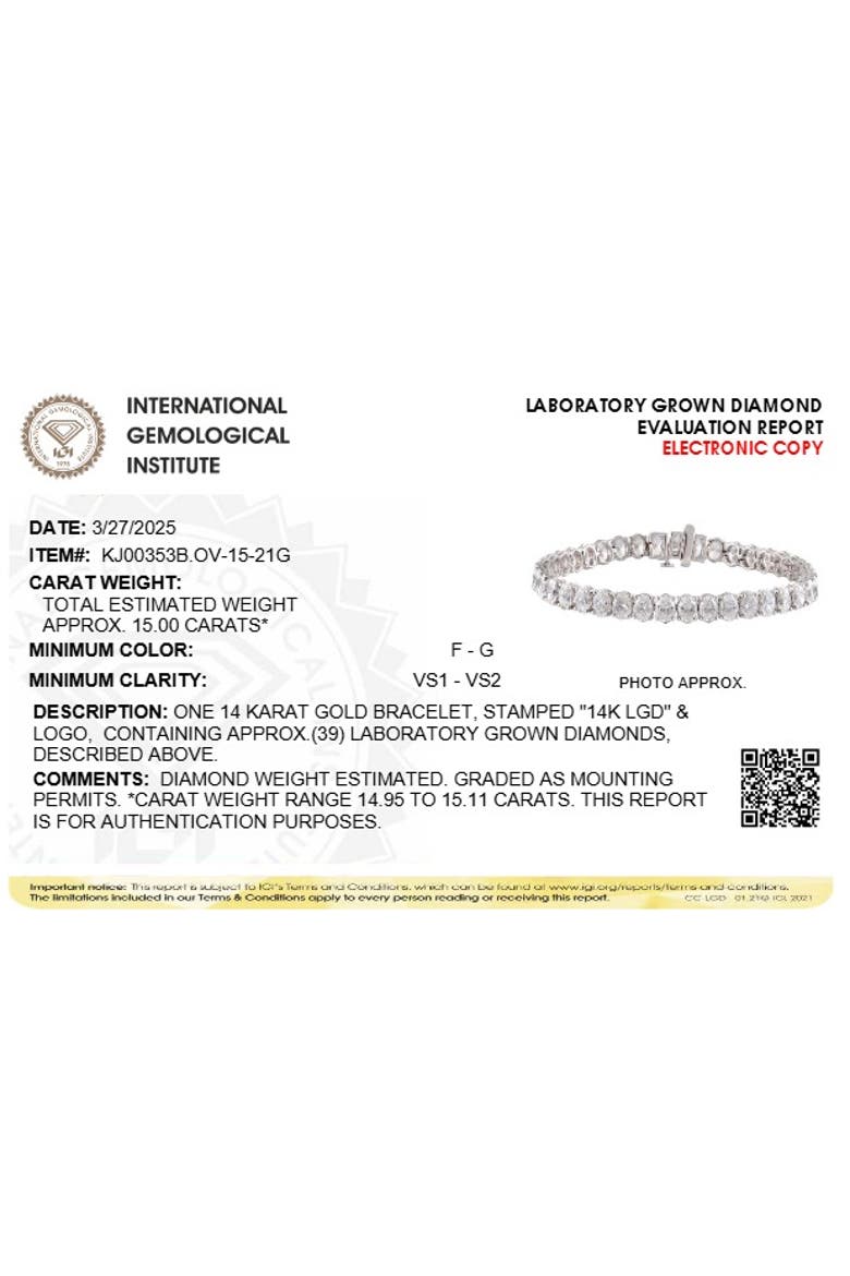IGI Certified 14K White Gold 15.0 Cttw Oval Cut Lab Grown Diamond Tennis Bracelet, Alternate, color, White Gold