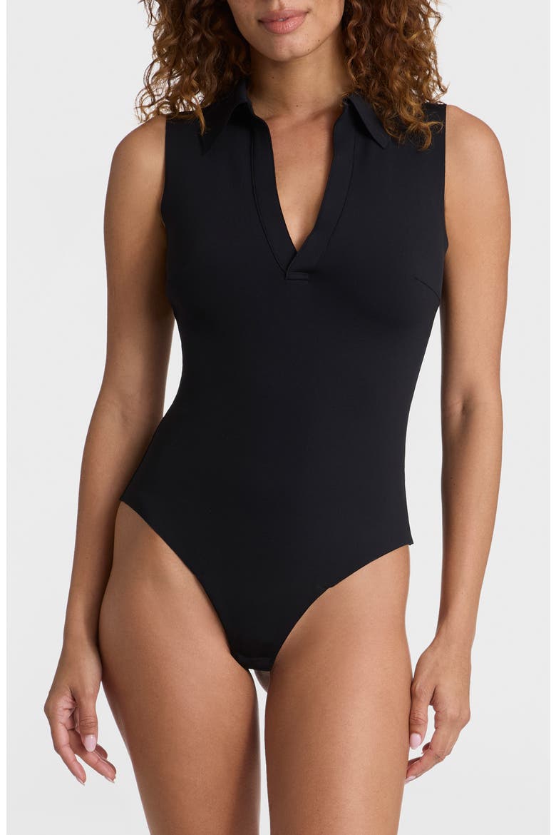 Sleeveless V-Neck Polo Neoprene Bodysuit, Main, color, BLACK