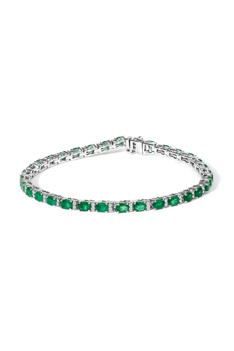 14K White Gold Alternating Oval Green Emerald and Diamond Tennis Bracelet, Main, color, White Gold