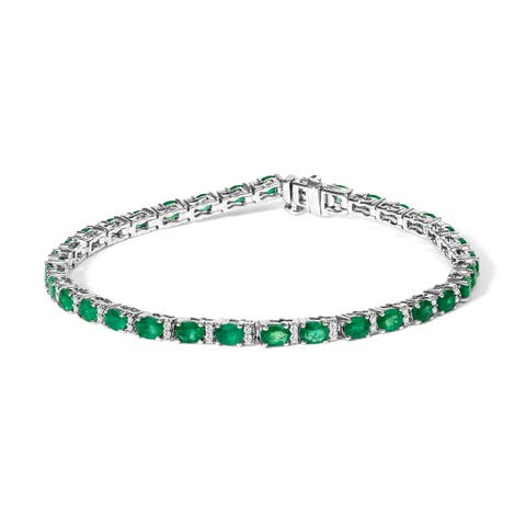 14K White Gold Alternating Oval Green Emerald and Diamond Tennis Bracelet