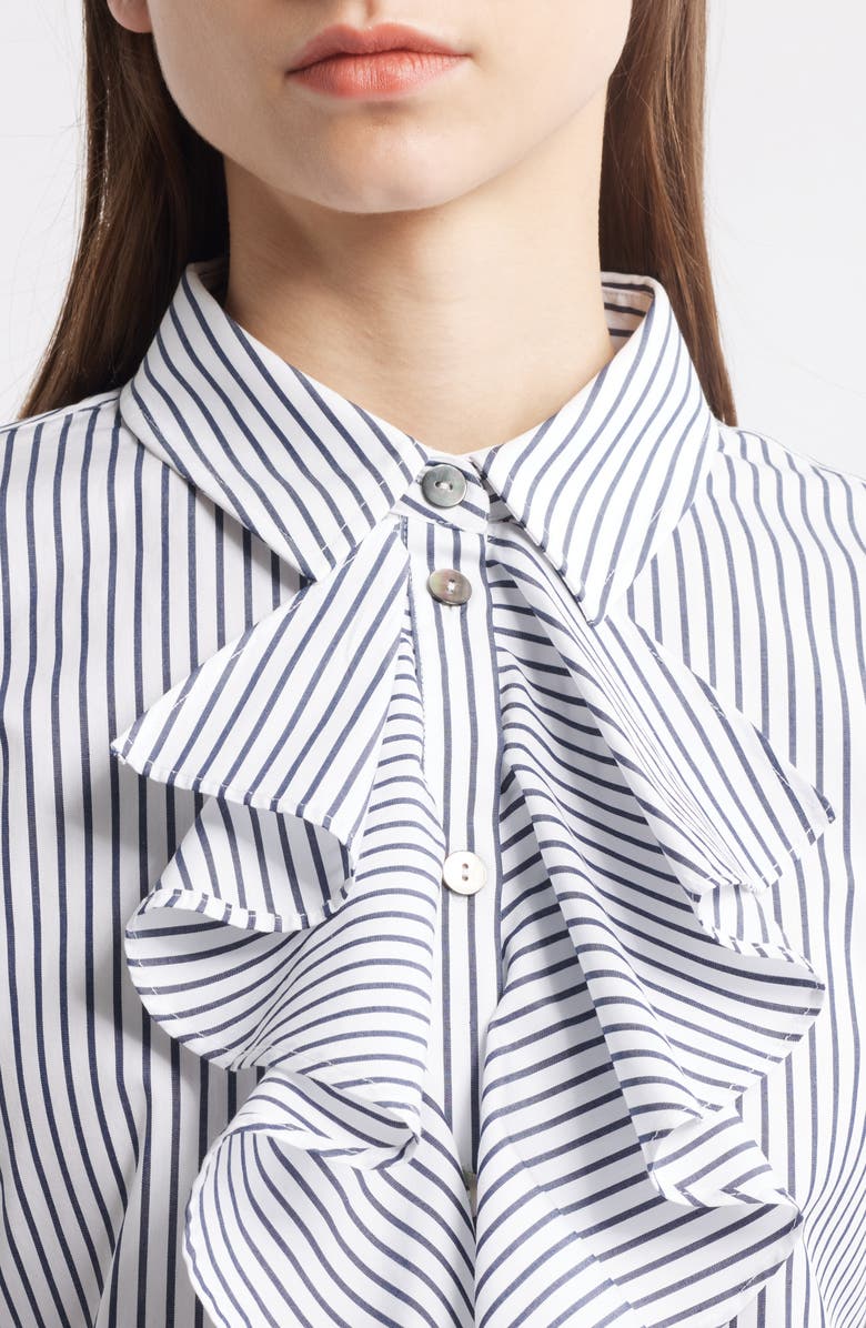 Ming Wang x Tanya Foster Pinstripe Ruffle Neck Woven Cotton Shirt, Alternate, color, 