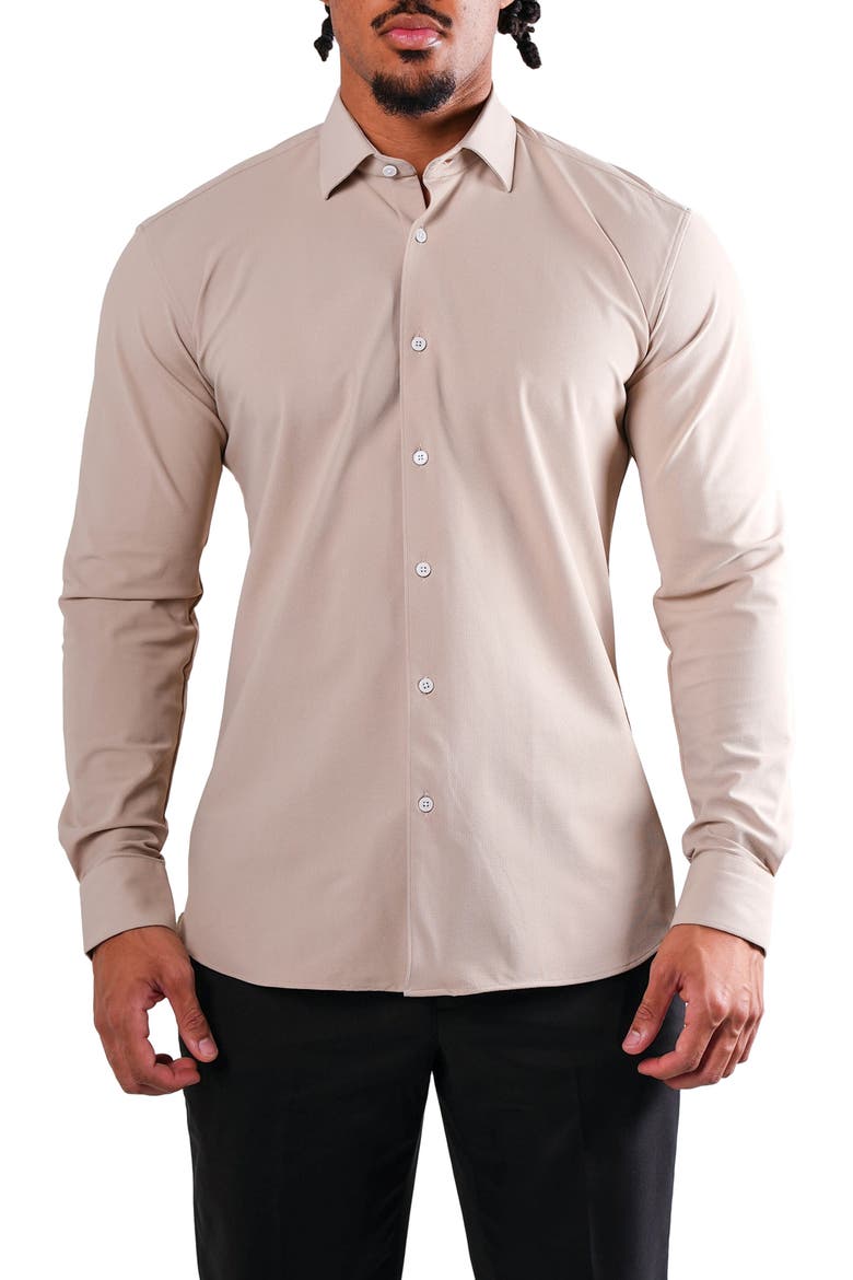 Fibonacci Off White Micropattern Stretch Cotton Blend Button-Up Shirt, Main, color, EURO BEIGE BROWN