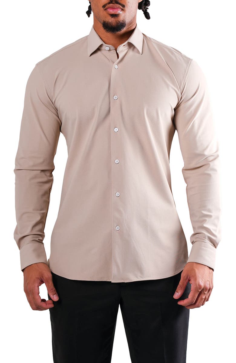 Maceoo Fibonacci Off White Micropattern Stretch Cotton Blend Button-Up Shirt, Main, color, Euro Beige Brown