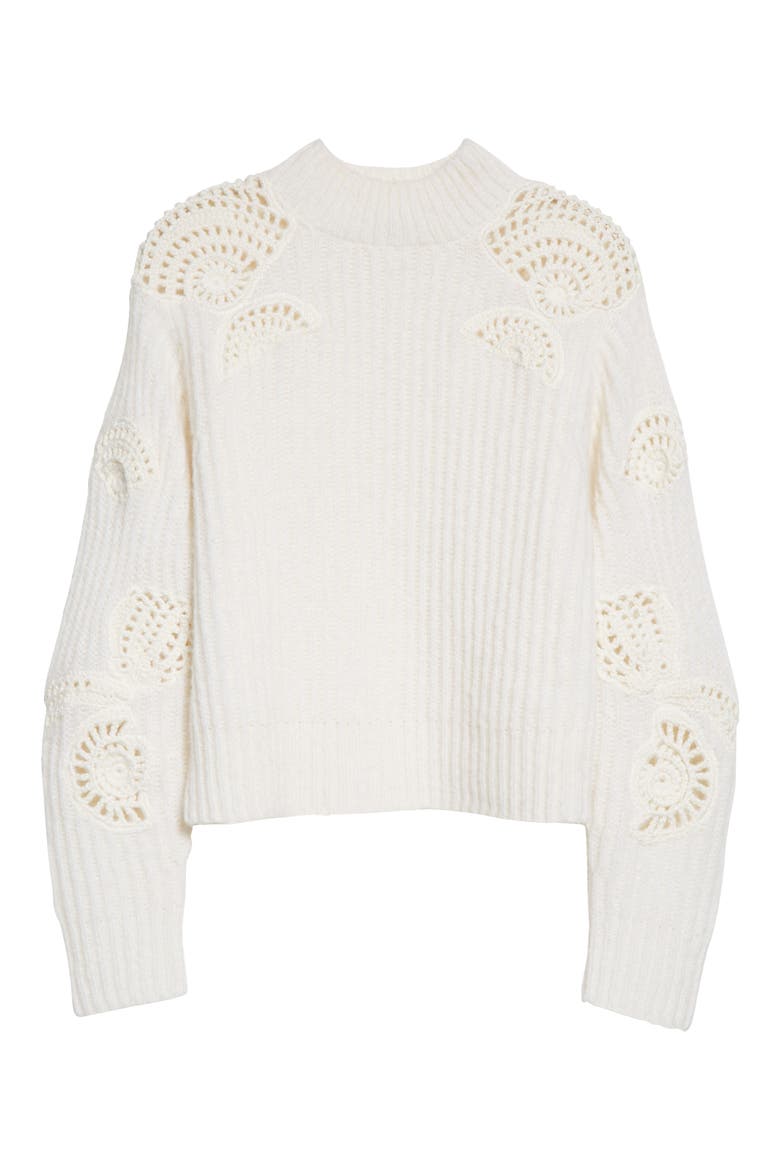 Crochet Shell Accent Rib Sweater, Alternate, color, OFF WHITE