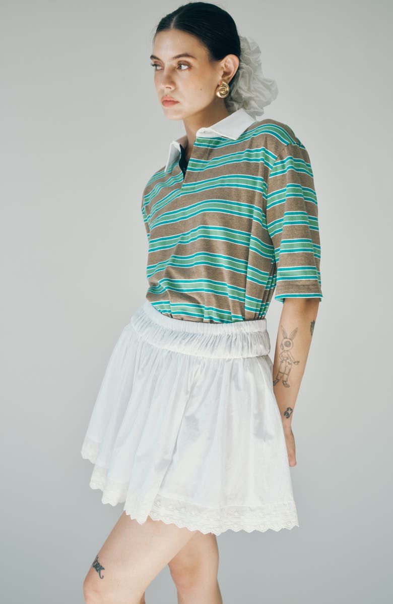 MAUDE CLUB Frankie Stripe Stretch Cotton Polo, Alternate, color, Aqua Camel Stripe