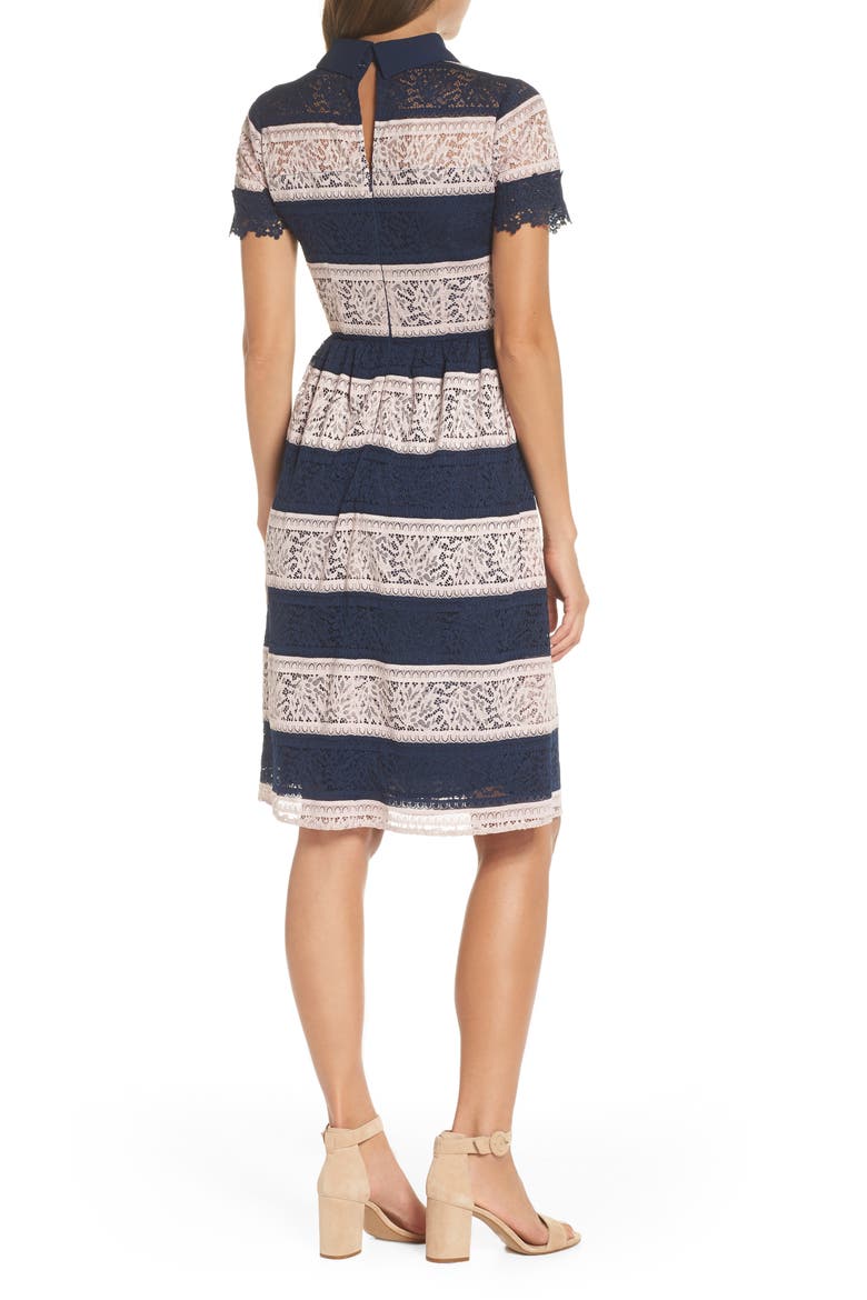 Stripe Lace Fit & Flare Dress, Alternate, color, NAVY STRIPE