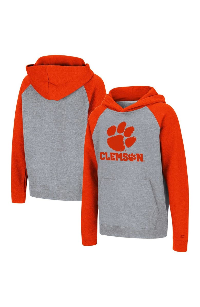 COLOSSEUM Youth Colosseum Heathered Gray/Orange Clemson Tigers Logo Wordmark Raglan Pullover Hoodie, Main, color, 