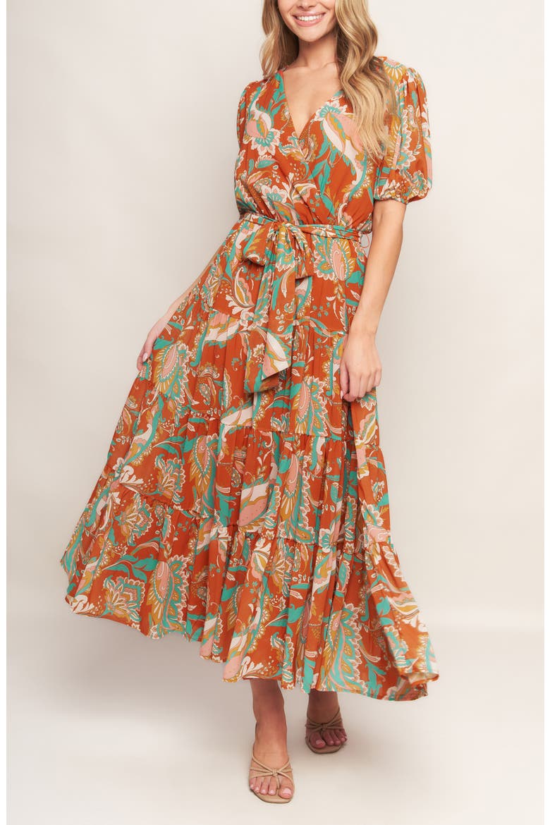 Print Tiered Midi Dress, Alternate, color, RUST
