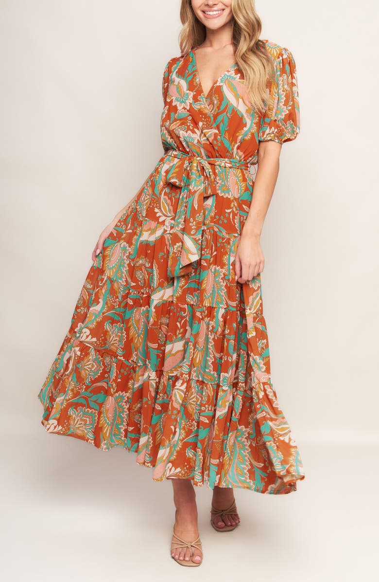 FLYING TOMATO Print Tiered Midi Dress, Alternate, color, Rust