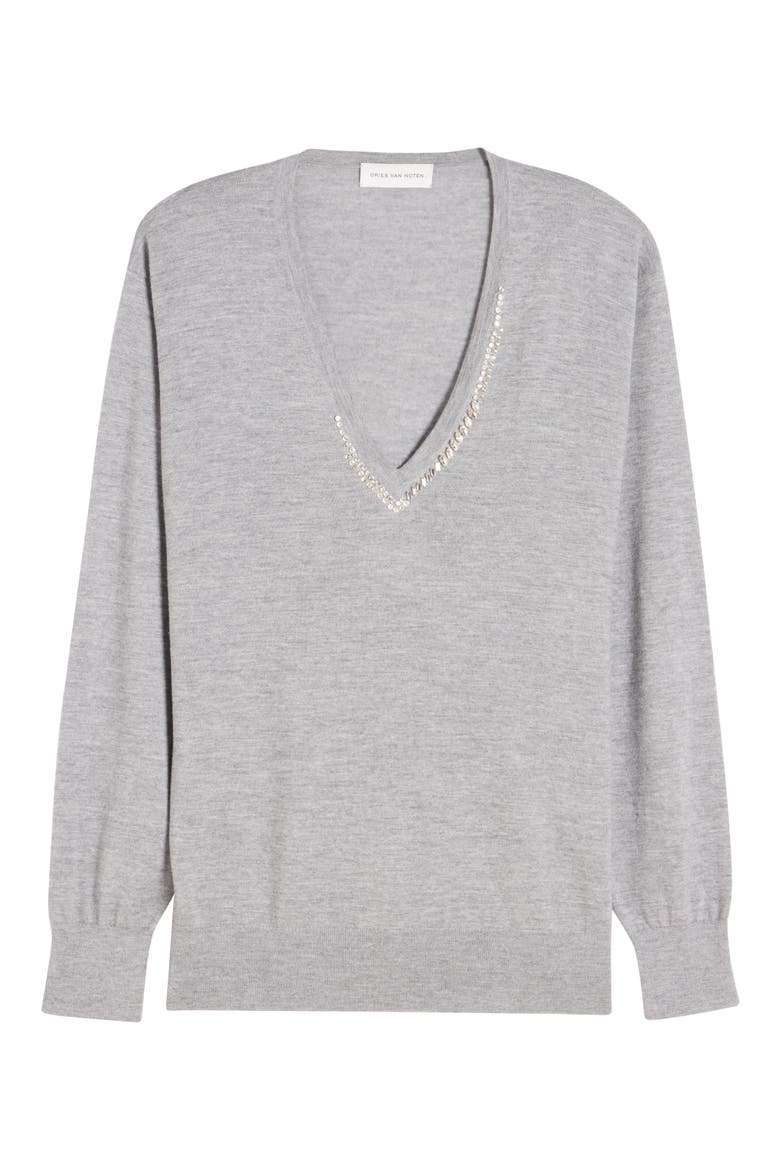 Tuomas Crystal Embellished Merino Wool V-Neck Sweater, Alternate, color, GREY
