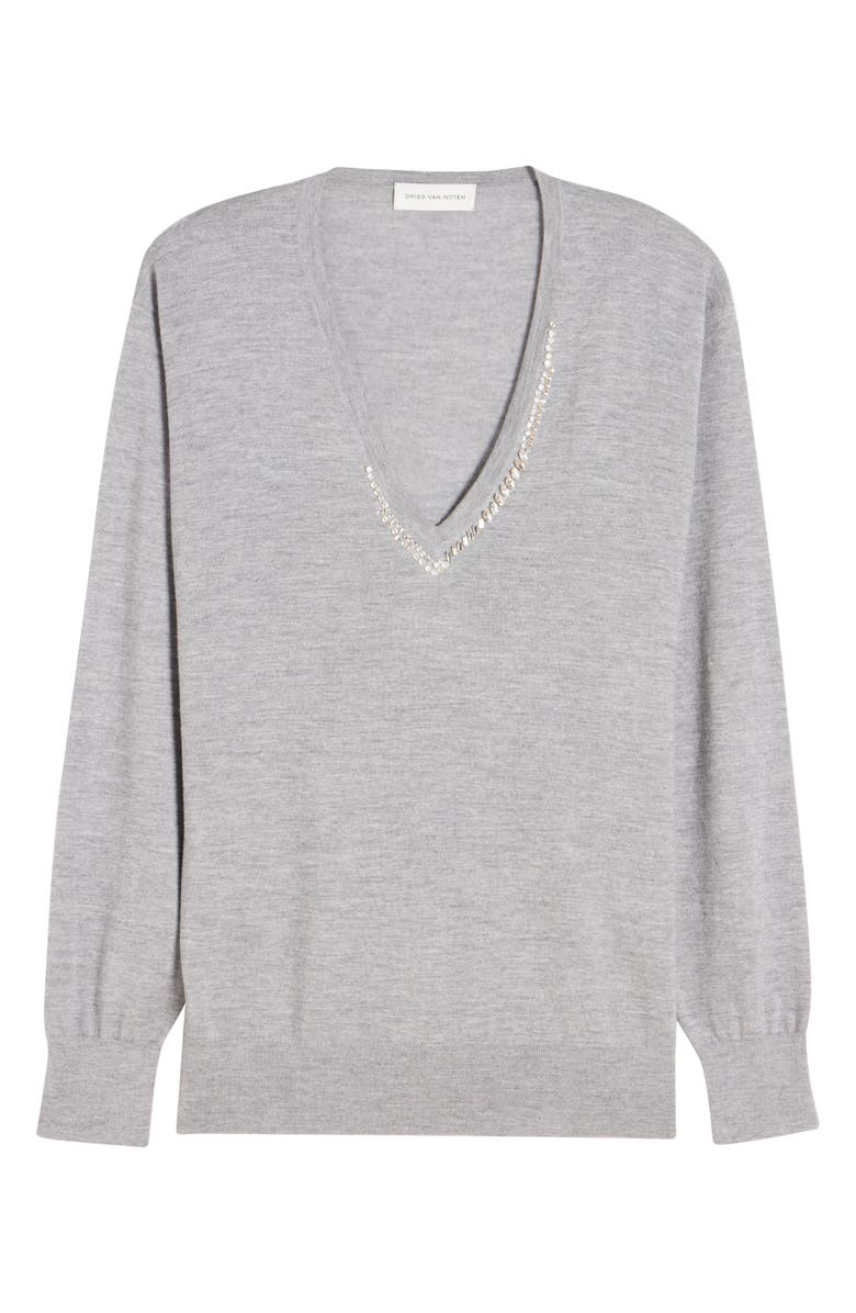 Dries Van Noten Tuomas Crystal Embellished Merino Wool V-Neck Sweater, Alternate, color, Grey
