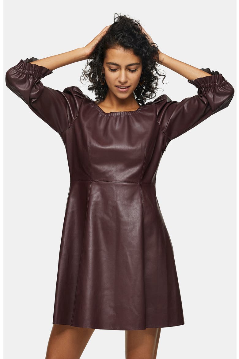 Balloon Sleeve Faux Leather Fit & Flare Dress, Alternate, color, BURGUNDY