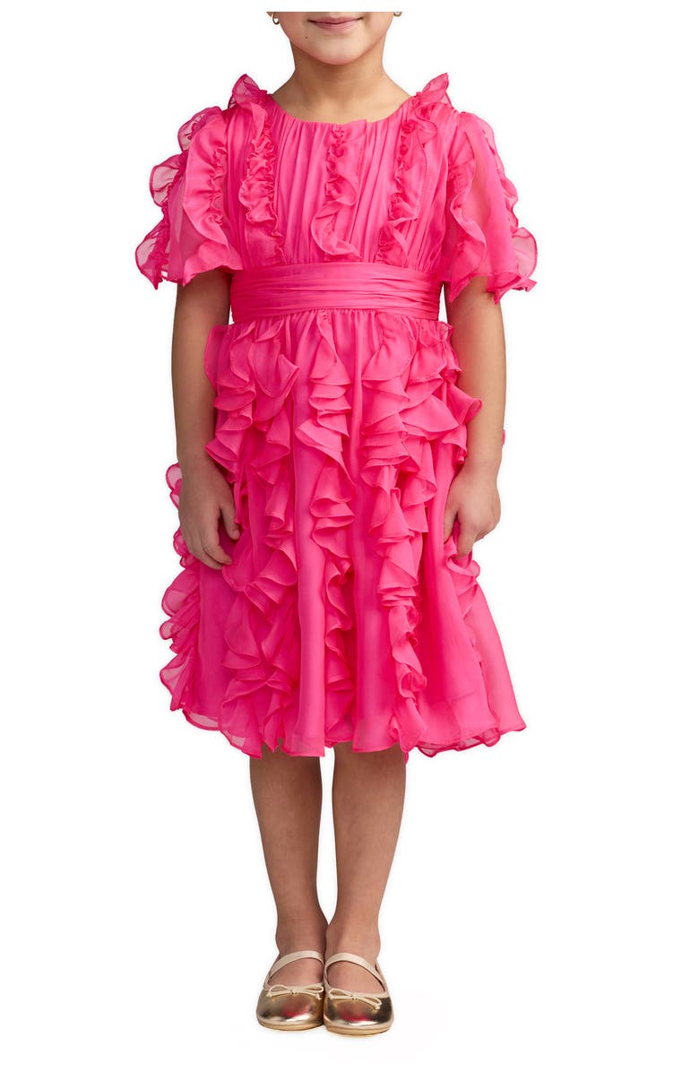 Mac Duggal Girls Pink Chiffon High Neck Ruffle Dress, Main, color, Fuchsia