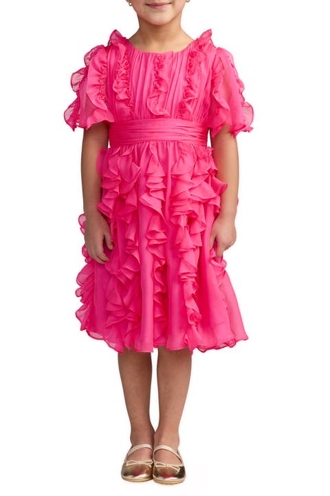 Girls Pink Chiffon High Neck Ruffle Dress