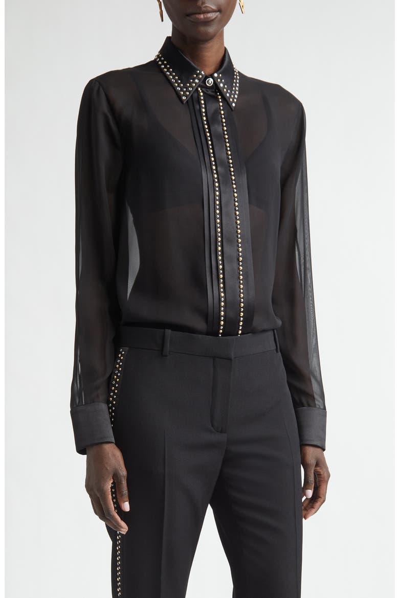Studded Silk Georgette Button-Up Shirt, Main, color, BLACK