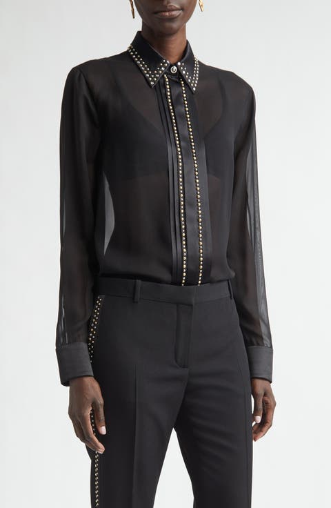 Studded Silk Georgette Button-Up Shirt