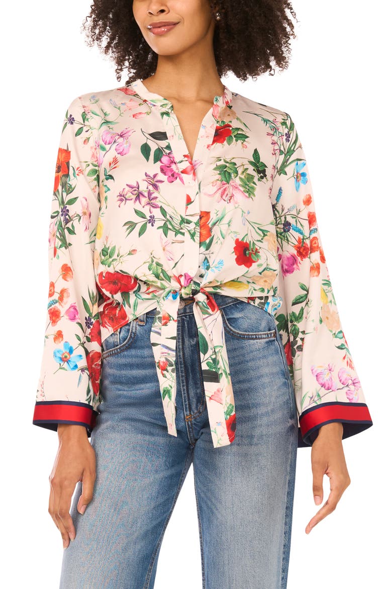 Tie Front Flare Sleeve Shirt, Main, color, IVORY MULTI