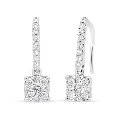 14K White 1/2 Cttw Round Diamond Halo Dangle Hook Earring -