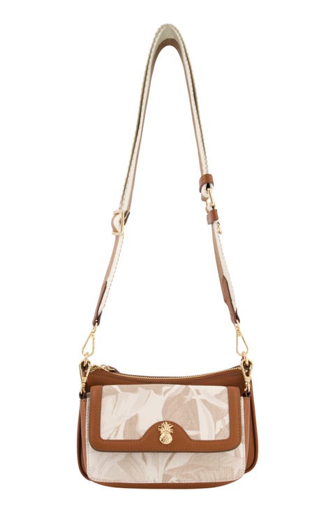 Floral Canvas & Leather Trim Double Crossbody Bag