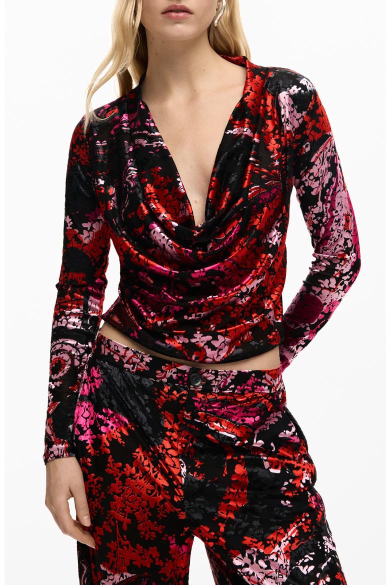 Floral Print Cowl Neck Long Sleeve Shirt, Main, color, BLACK