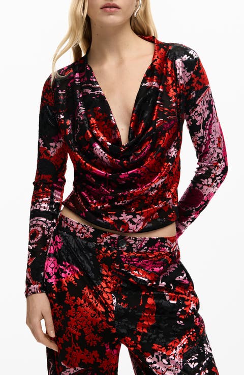 Floral Print Cowl Neck Long Sleeve Shirt