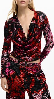 Desigual Floral Print Cowl Neck Long Sleeve Shirt