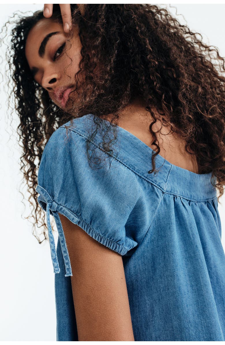 H&M Puff-sleeved Denim Blouse, Alternate, color, Denim Blue