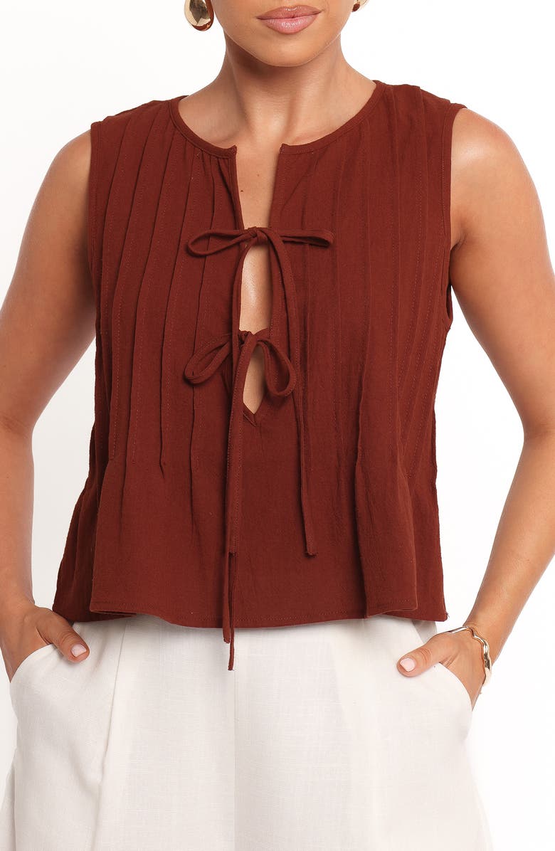 Petal & Pup Nika Pleated Tie Front Cotton Top, Main, color, Chocolate Brown