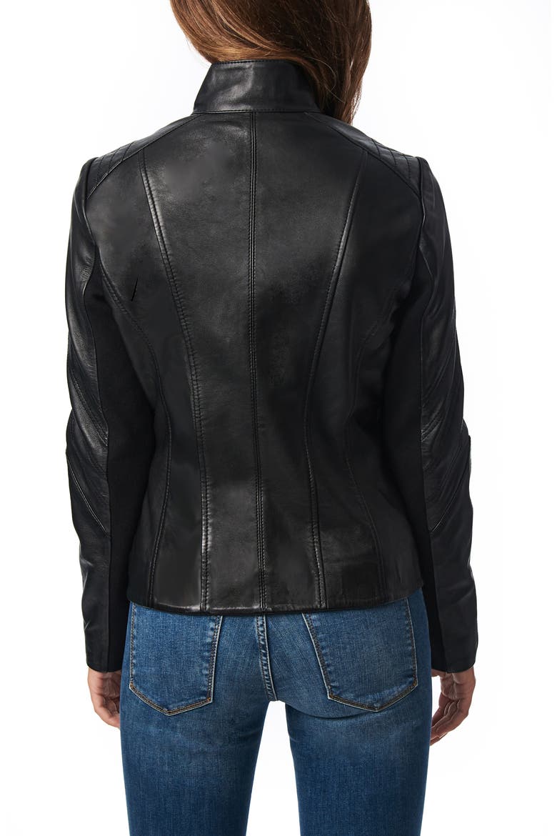 Chevron Sleeve Sheepskin Leather Moto Jacket, Alternate, color, BLACK