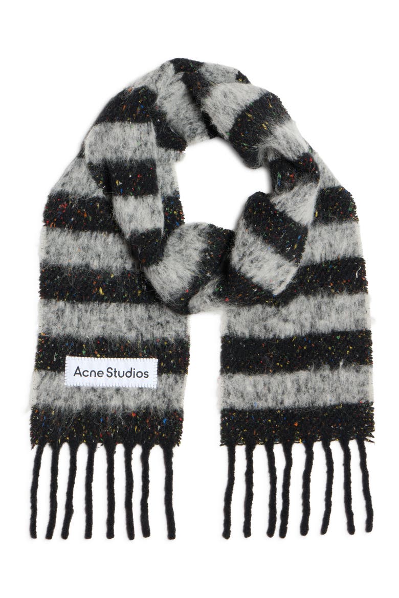 Vonkey Stripe Alpaca, Wool & Silk Blend Fringe Scarf, Alternate, color, BLACK/GREY