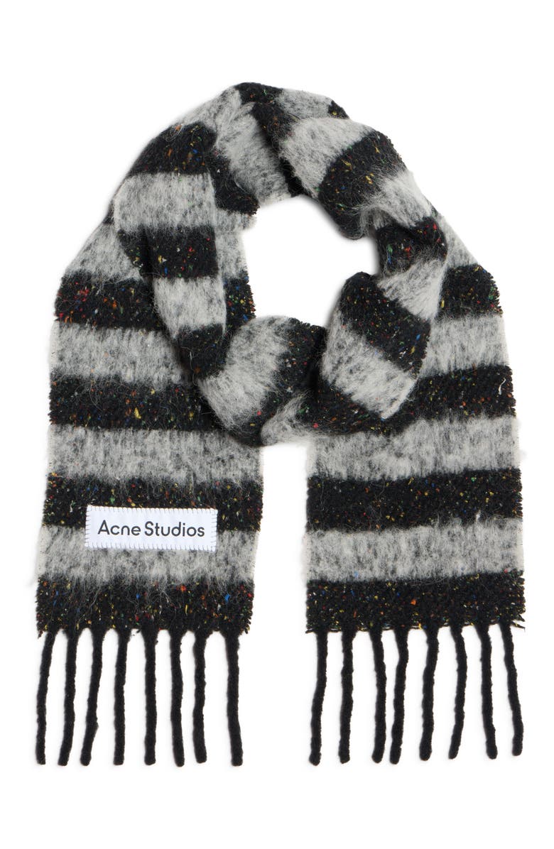Acne Studios Vonkey Stripe Alpaca, Wool & Silk Blend Fringe Scarf, Alternate, color, Black/Grey