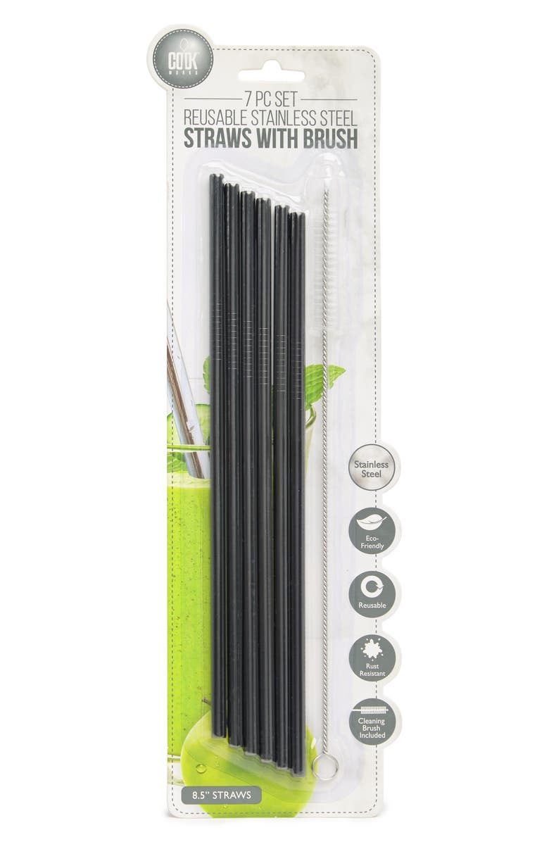 ART AND COOK Straight Stainless Steel Reusable Straws with Brush 7-Piece Set, Main, color,